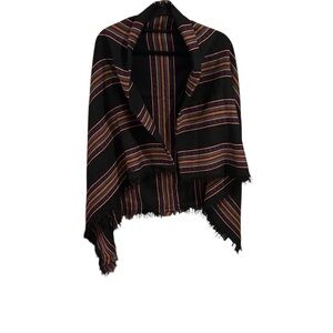Wilfred Aritzia Wool Striped Blanket Scarf Black Burgundy Fringe Wrap